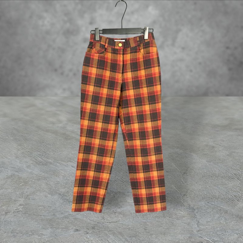 German-made black orange red color check pattern slightly stiff and slightly elastic high waist 28 trousers PF508 - กางเกงขายาว - เส้นใยสังเคราะห์ สีดำ