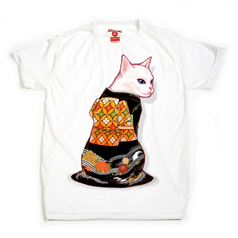 Tシャツ、猫、着物 - Tシャツ メンズ - コットン・麻 ホワイト