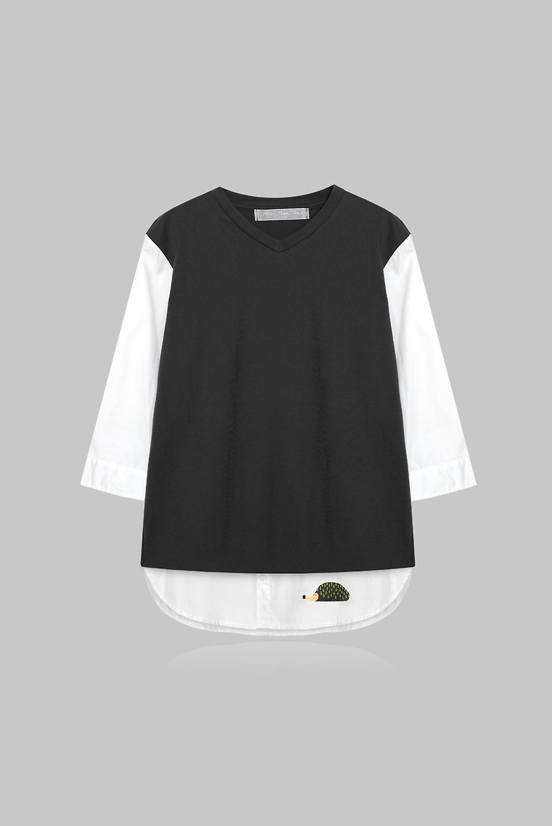 [Last piece] small tree hedgehog fake two long version vest shirt - black ink - Women's T-Shirts - Cotton & Hemp Black