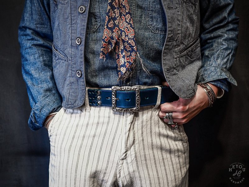 真皮 皮帶/腰帶 藍色 - Chained Leather Belt 鎖甲皮革腰帶