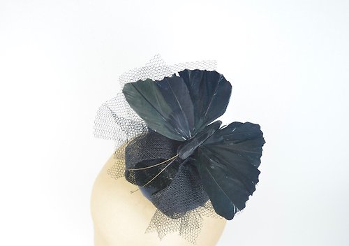 Elle Santos Fascinator Headpiece Deep Grey and Black Tulle with Butterfly Wings and Veil