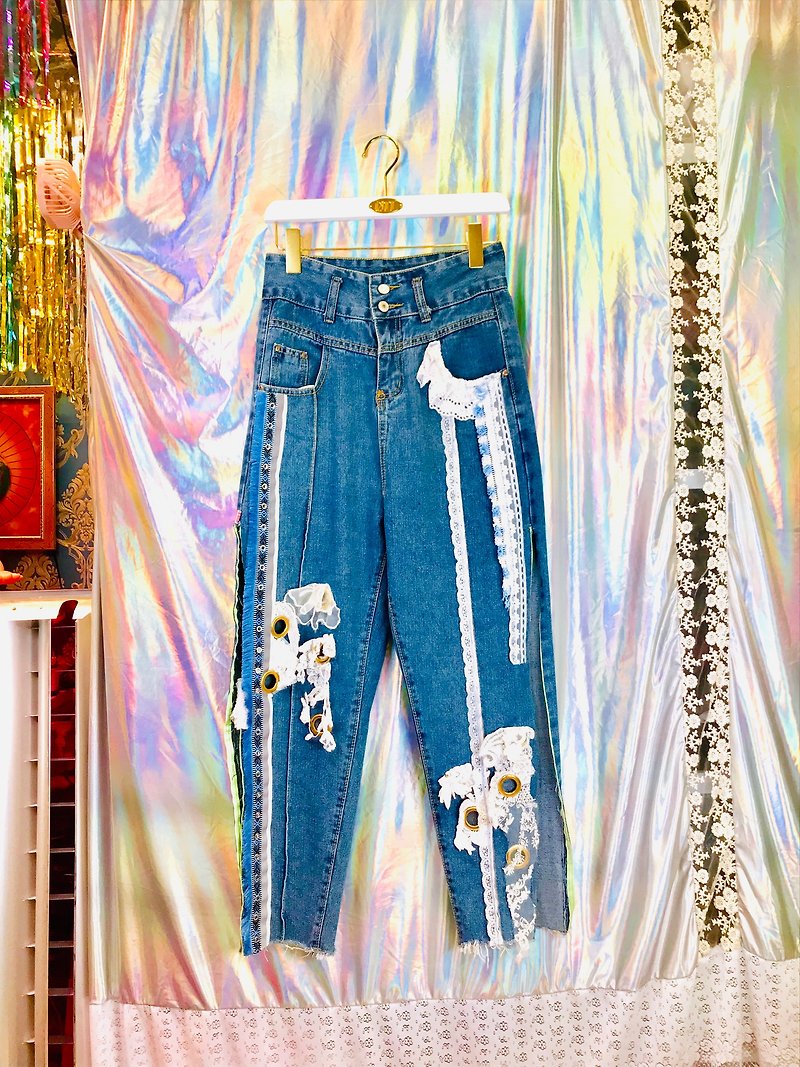其他材質 女裝 長褲/闊腳褲 藍色 - OTT獨一無二•Unique 華麗龐克少女牛仔褲Embroidered Jeans