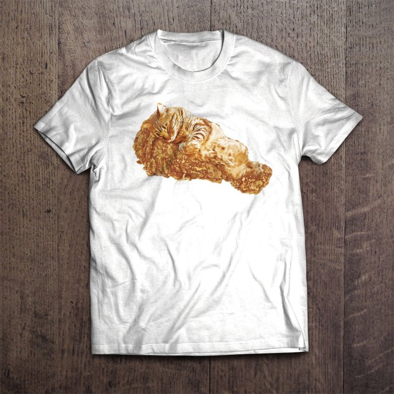 棉．麻 T 恤 白色 - Funny Cat Hood T-shirt Funyaid Chicken