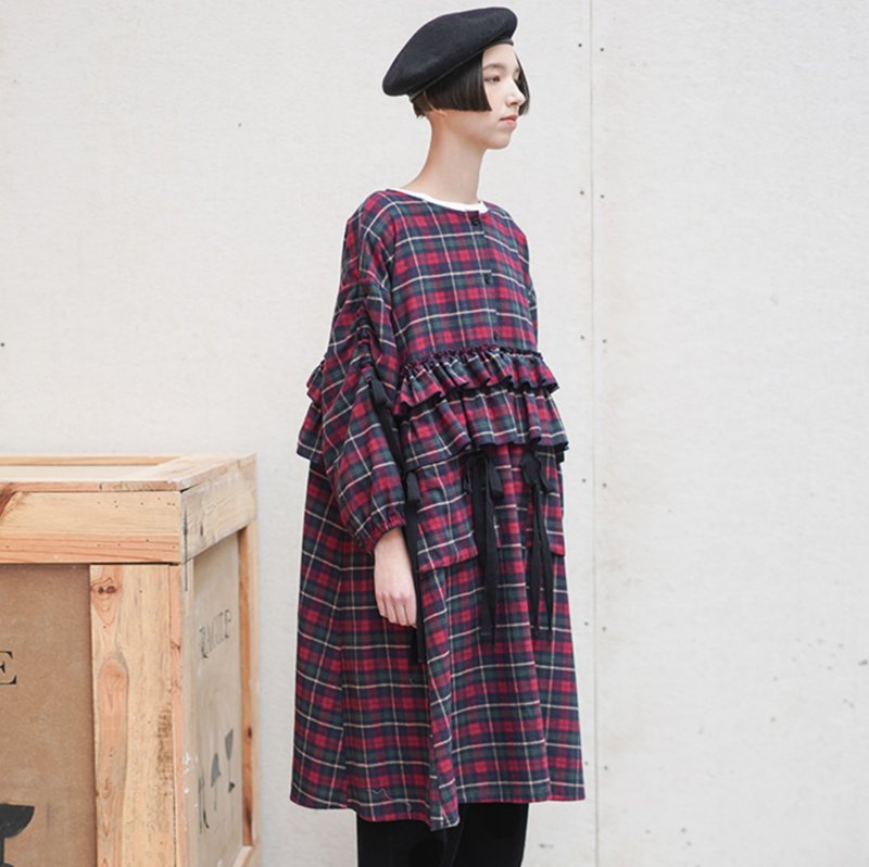 Red plaid Scottish ribbon dress - imakokoni - One Piece Dresses - Cotton & Hemp Red