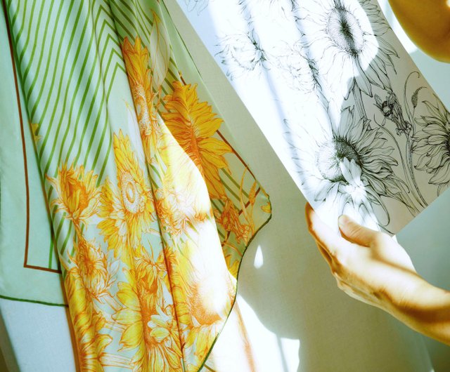 オリジナルデザインシルクスカーフひまわりシルクスクエアスカーフ