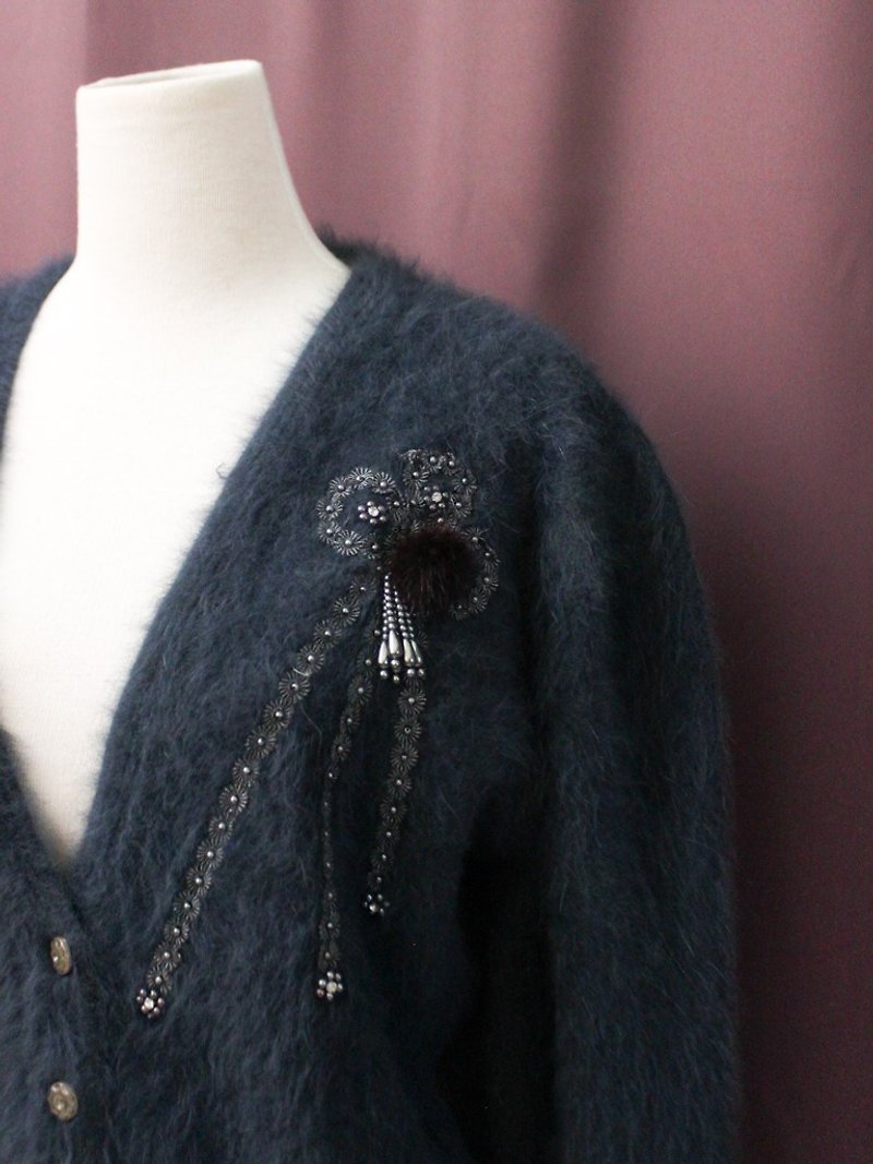 Retro Korean-made elegant adult sense sequins wool ball gray blue Angora wool vintage knit sweater coat - สเวตเตอร์ผู้หญิง - ขนแกะ สีน้ำเงิน