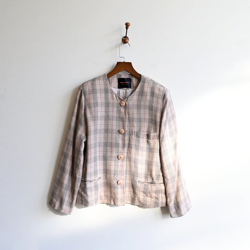 [Egg Plant Vintage] Afternoon Tea Moment Japanese Made Plaid Jade Vintage Jacket - Women's Blazers & Trench Coats - Other Man-Made Fibers 