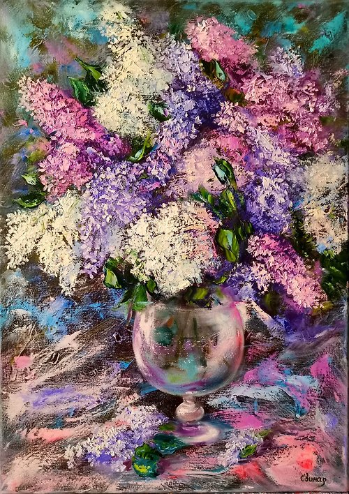 Original oil painting artist Svinar Oksana Lilac Flowers Impasto Big Oil Painting on Canvas Original Artist Svinar Oksana