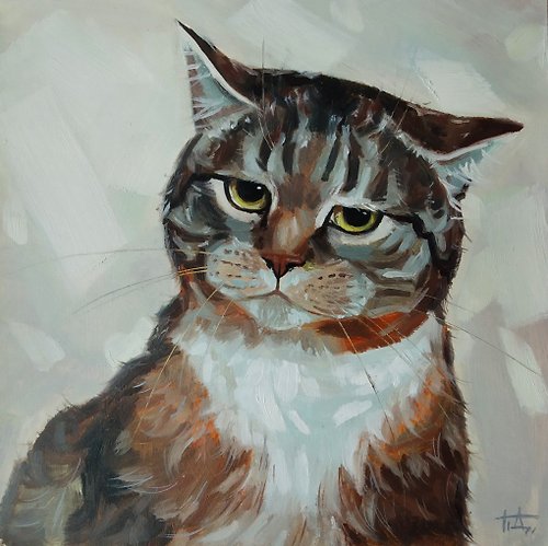 Diven.art Original oil painting Portrait of a dissatisfied tabby cat 6x6 impressionism