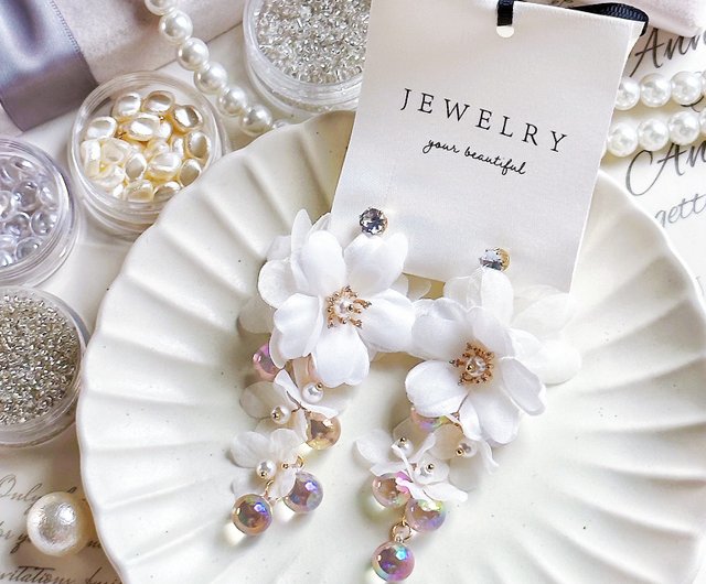Long Chiffon Flower Pearl Drop Earrings Shop florencekparadise Earrings Clip ons Pinkoi
