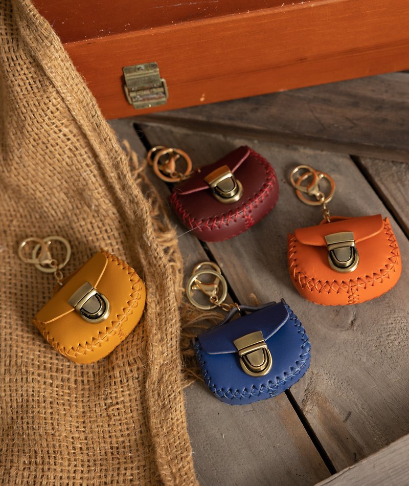 手工縫製 零錢包 耳機包 鑰匙圈 - 零錢包/小錢包 - 真皮 橘色