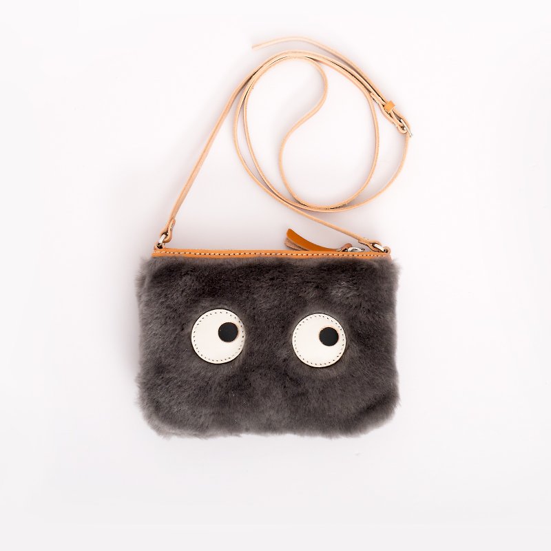 Christmas gift leather cute plush mini side backpack sheepskin fur one big eye small bag - Messenger Bags & Sling Bags - Genuine Leather Gray