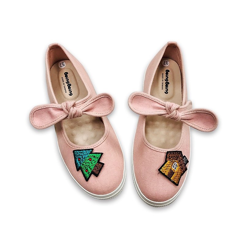 弓刺繍章人形の靴-ピンクの女性の靴（大人） - スリッポン - コットン・麻 ピンク
