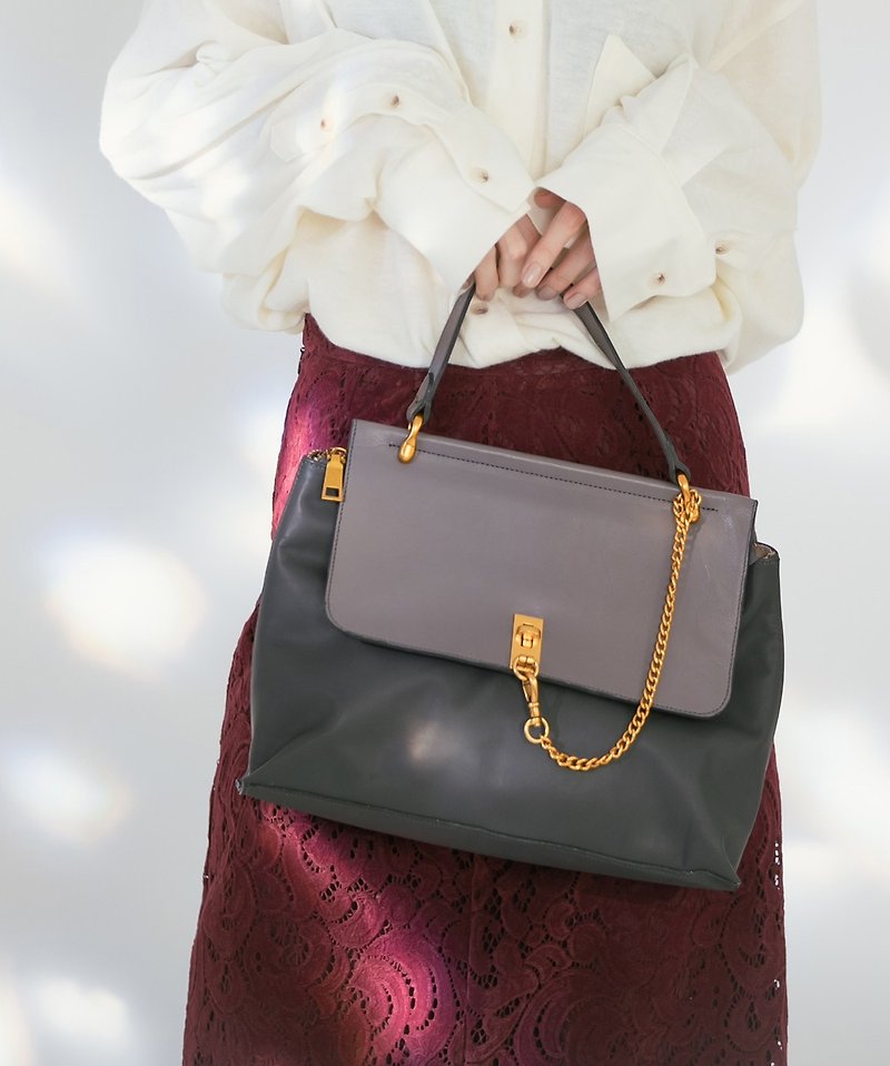 Metal Embellished Urban Leather Handbag - Graphite Grey - กระเป๋าแมสเซนเจอร์ - หนังแท้ สีเทา