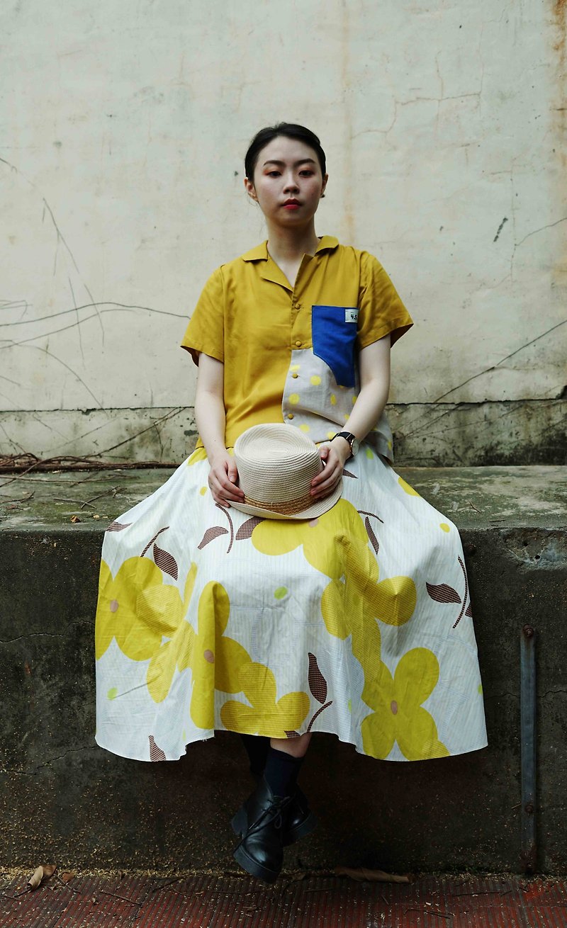 Design Handmade - Nordic Refreshing Summer Yellow Printed Skirt Dress - Skirts - Cotton & Hemp Yellow