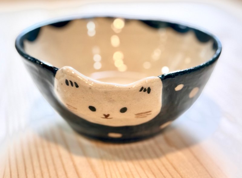 可愛圓點貓咪頭 淺碗 餐碗 - 碗 - 陶 綠色