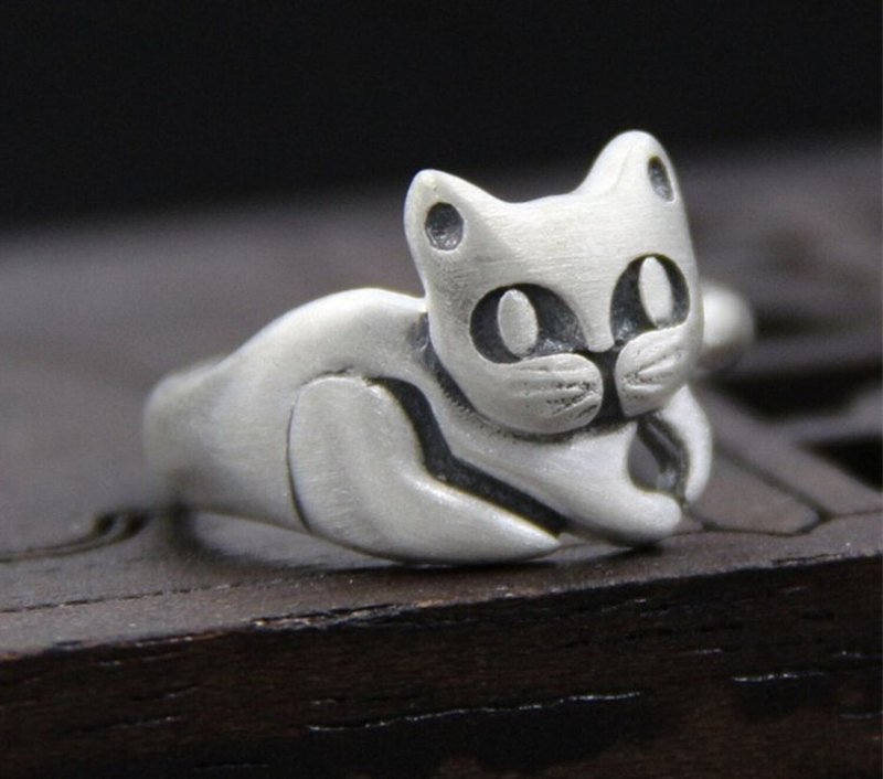 Real S999 Silver Women Handmade Cute Cat Finger Rings Adjustable Finger Ring - 戒指 - 純銀 銀色