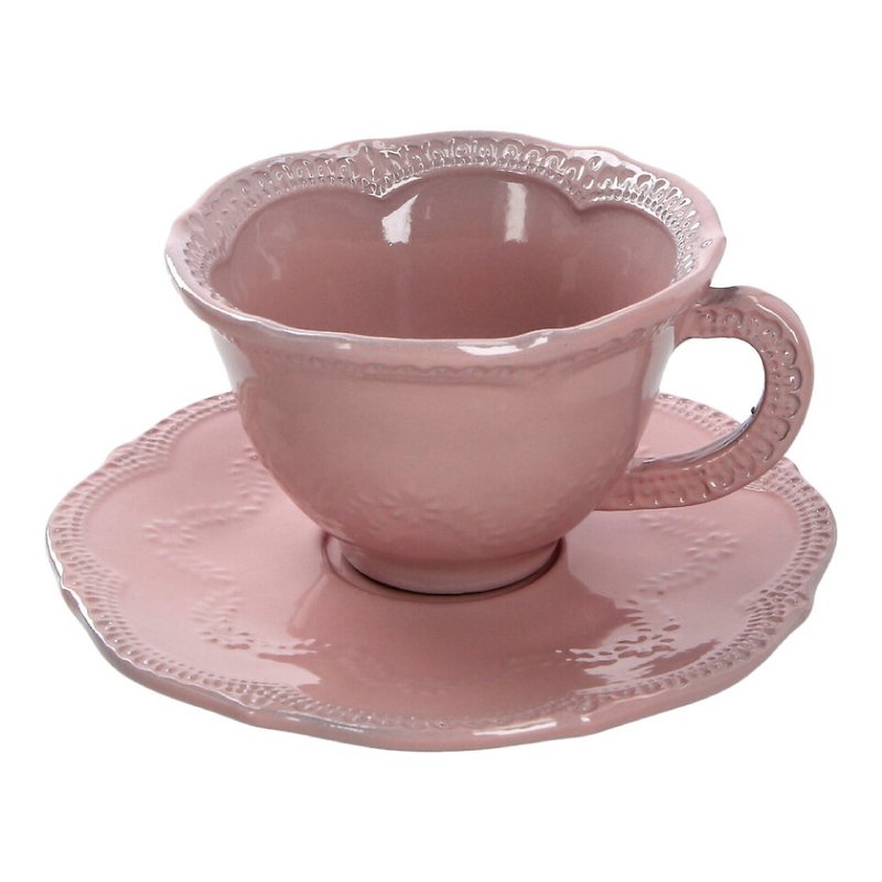 Italy VBC casa │ Lace series 240 ml floral tea cup and plate set/elegant pink - ถ้วย - ดินเผา สึชมพู