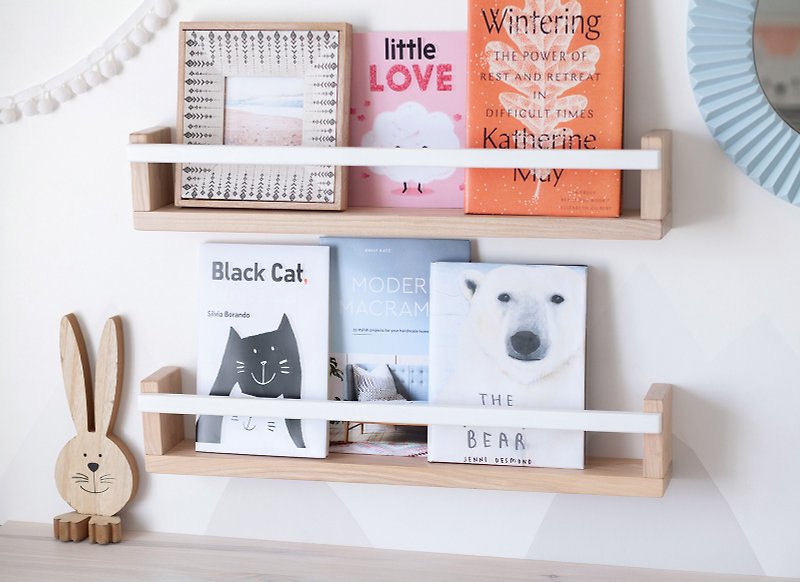 木頭 兒童家具 - Set of 2 floating bookshelves with bar for Kids room, nursery, shelving