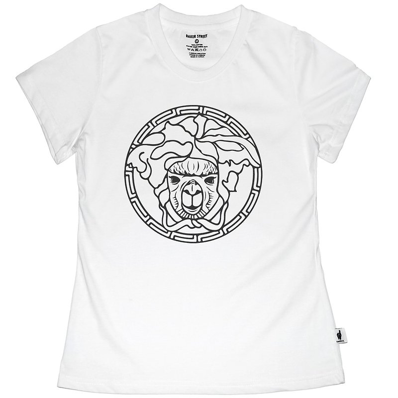British Fashion Brand [Baker Street] Medusa Alpaca Printed T-shirt - เสื้อยืดผู้หญิง - ผ้าฝ้าย/ผ้าลินิน ขาว
