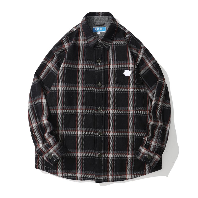 GOC Studio Japanese plaid cotton shacket shirt jacket - black - เสื้อโค้ทผู้ชาย - ผ้าฝ้าย/ผ้าลินิน สีดำ