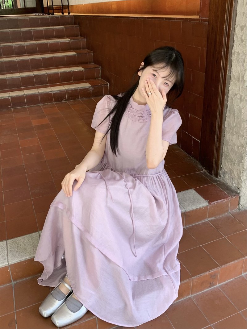 vintage古著原創設計洋服連衣裙 木耳邊中領泡泡袖 紫色長裙復古 - 洋裝/連身裙 - 其他材質 紫色