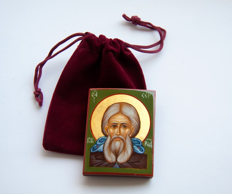 hand painted orthodox wood icon  Saint Sergius of Radonezh pocket size miniature - 其他 - 木頭 綠色