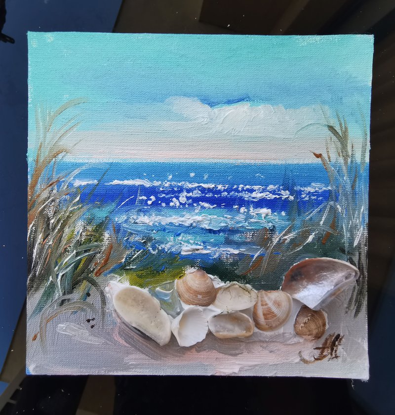 Sea oil painting on canvas, painting with shells, Miniature painting 布面海洋油畫、貝殼繪畫 - Wall Décor - Cotton & Hemp Blue