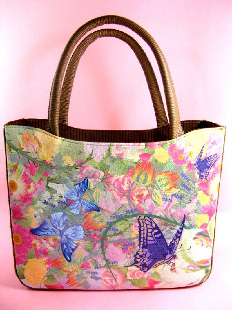 真皮 手袋/手提袋 粉紅色 - Flower and swallowtail butterfly Handbag