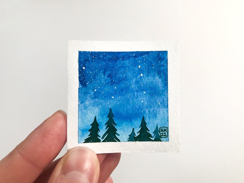 紙 牆貼/牆身裝飾 綠色 - Original watercolor art sky. Mini painting on paper. Small wall art 2 x 2 inch