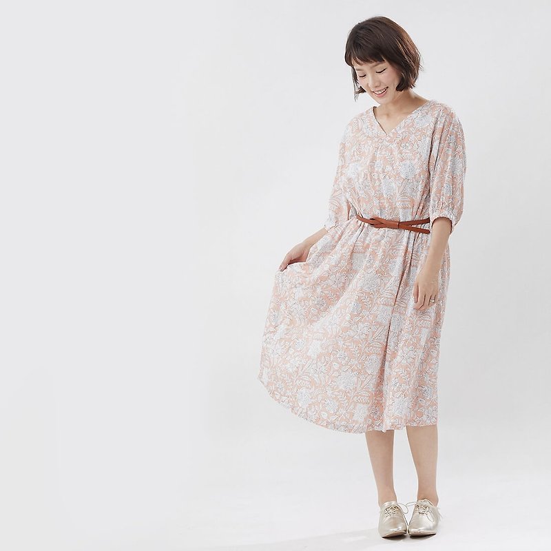 Fifi Flower Printed Cotton Summer Long Dress Pink - ชุดเดรส - ผ้าฝ้าย/ผ้าลินิน สึชมพู