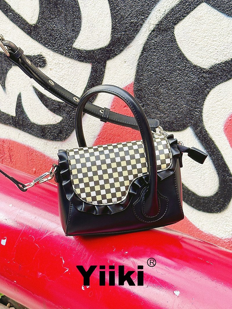 Yiiki Black asymmetrical hand bag cross-body bag with checkerboard pattern - Messenger Bags & Sling Bags - Faux Leather Black