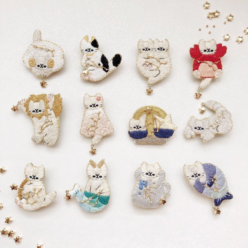 12 星座貓刺繡胸針 - 胸針 - 繡線 多色