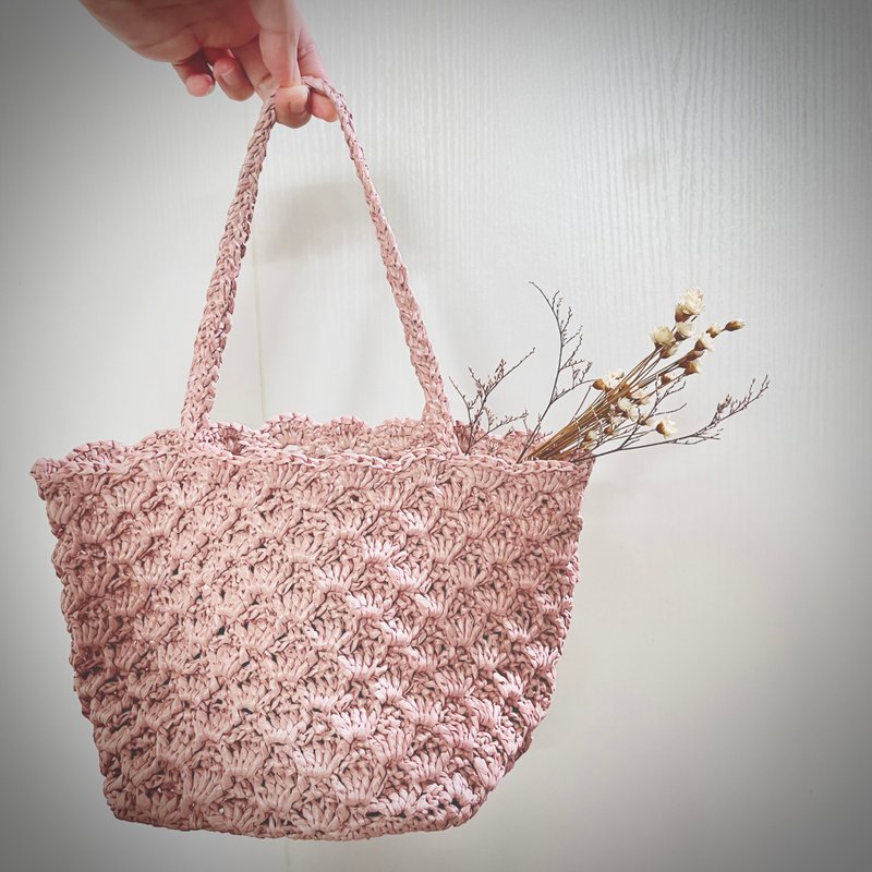 日系拉菲草編織包 鉤織 手挽袋 totebag tote 小手袋 午餐袋 - 手提包/手提袋 - 其他人造纖維 粉紅色