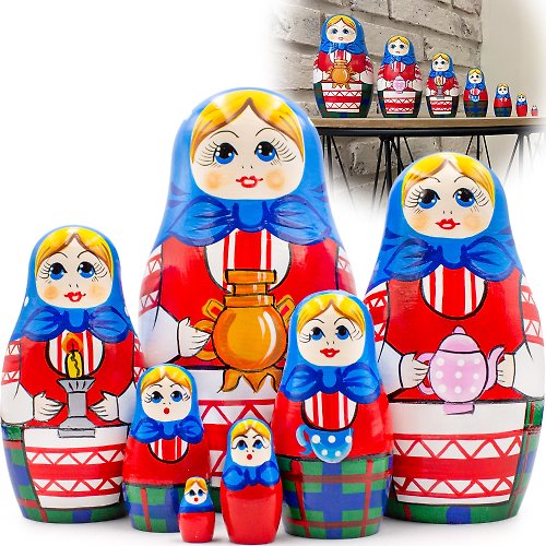 布列斯特纪念品厂 - 套娃 Nesting Dolls Set of 7 pcs - Matryoshka Dolls in Folk Dress with Russian Samovar