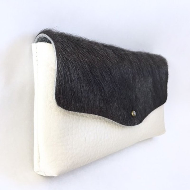 真皮 錢包 白色 - Simple long wallet of cow fur, cow shrink leather and cow floor velor [dark gray x off-white]