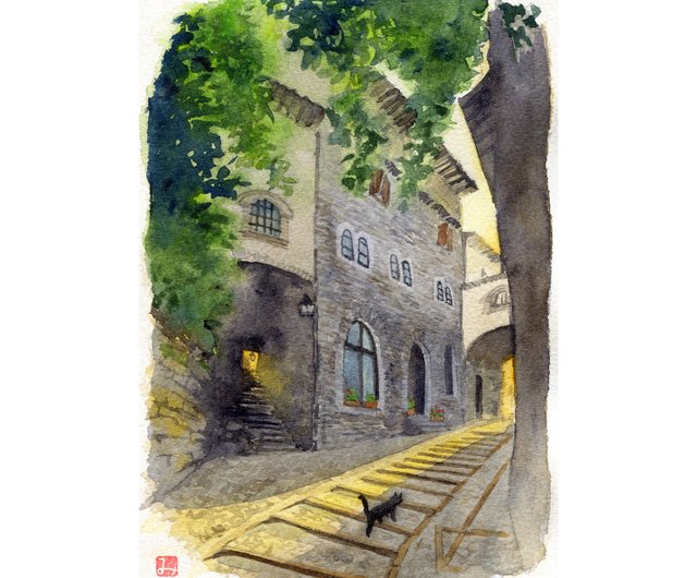 路地裏の夕暮れ | 水彩画/複製画/額装品 - ショップ ~atelier Le moineau~ Watercolor Gallery ポスター・絵  - Pinkoi