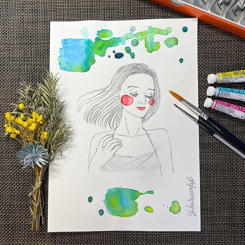 Original art #09 Watercolor and pencil drawing Flamed green blue - Posters - Paper Blue
