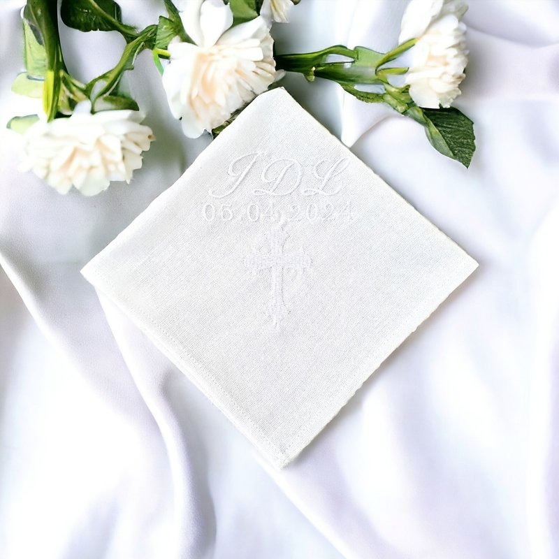 Custom embroidered handkerchief linen, Cross hankie, Personalized gift - Handkerchiefs & Pocket Squares - Linen White