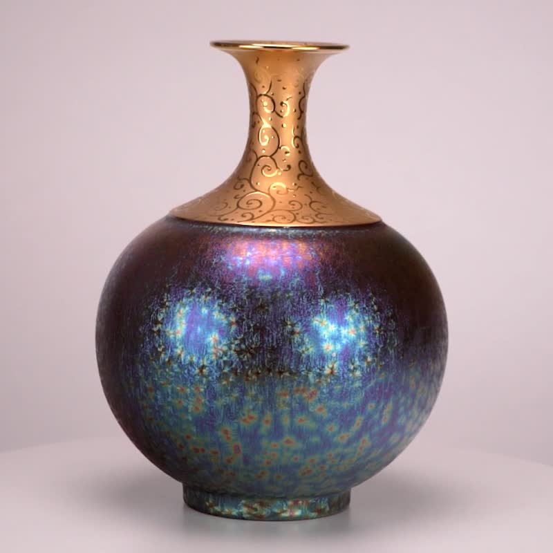 金彩色ガラス水晶ゴールドネック小口天球瓶 - 花瓶・植木鉢 - 磁器 ゴールド