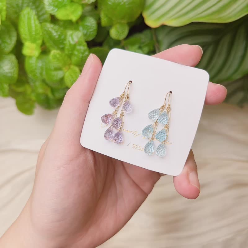 Cordierite drop lamp earrings three color crystal - Earrings & Clip-ons - Crystal Purple