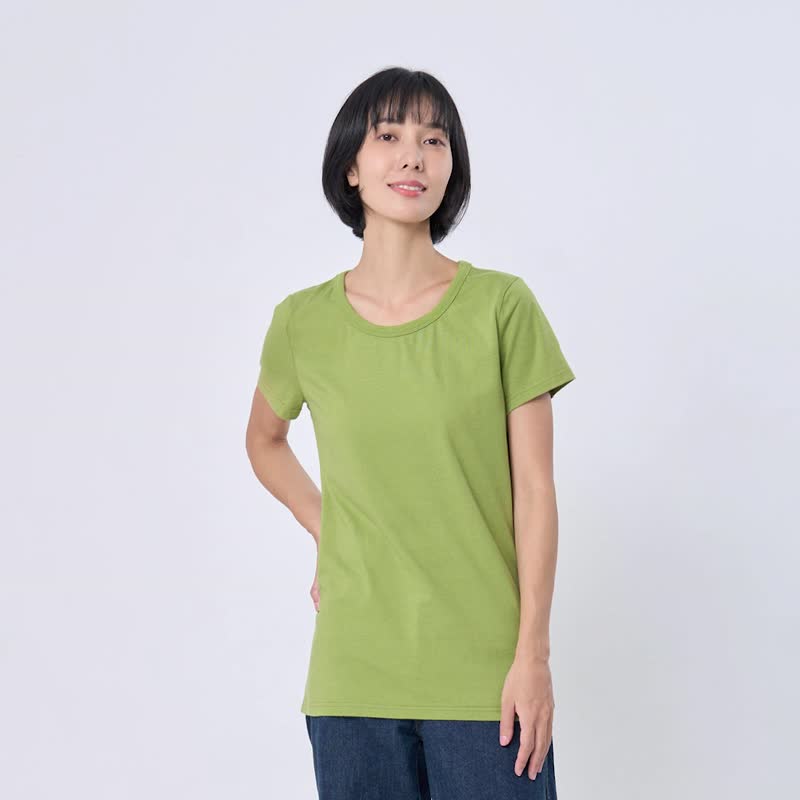 純色素面蜜桃棉短袖女Tee 芥末綠 - 女 T 恤 - 棉．麻 綠色