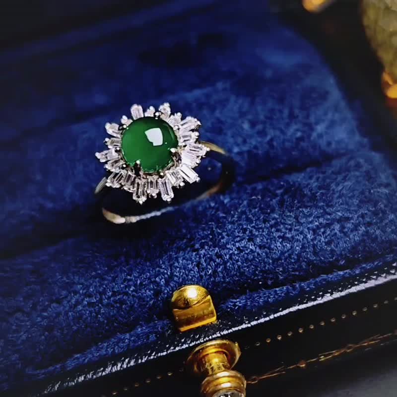 Wealth Recruitment | Value-for-money thick green egg | Grade-A jade ice green egg surface sterling silver plated 18k sunflower luxury inlaid ring - แหวนทั่วไป - หยก 