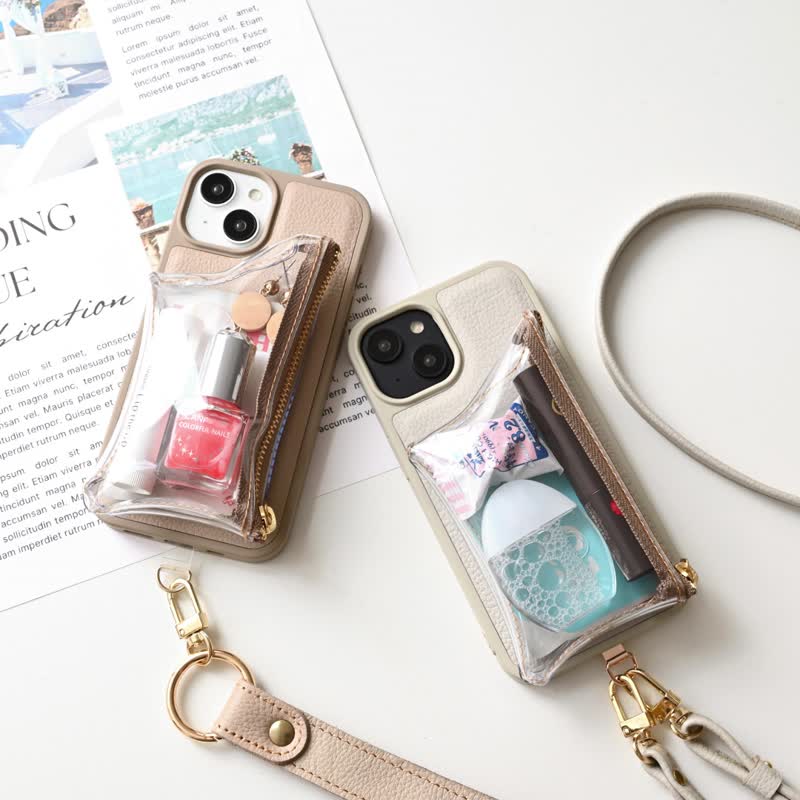 ベージュ レザー風 iPhoneケース キーホルダー付き カラーリアケース 付け替え式 クリアポーチ付き 【 シュリンクレザー