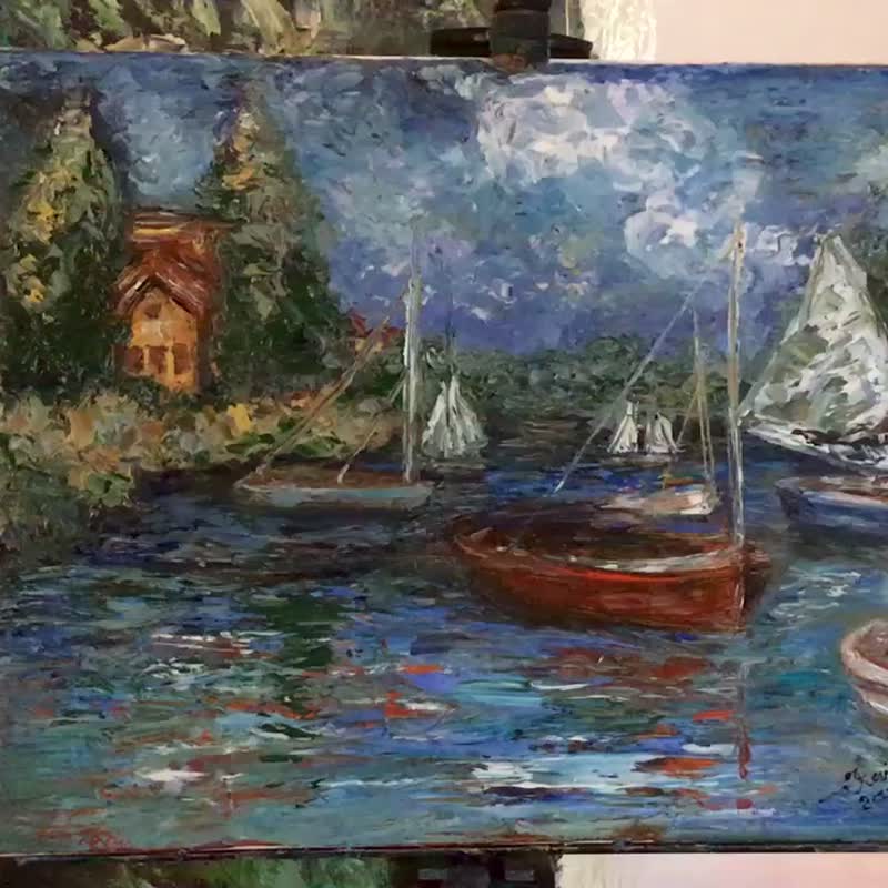 Boats on the lake,original oil painting on canvas - 壁貼/牆壁裝飾 - 其他材質 藍色