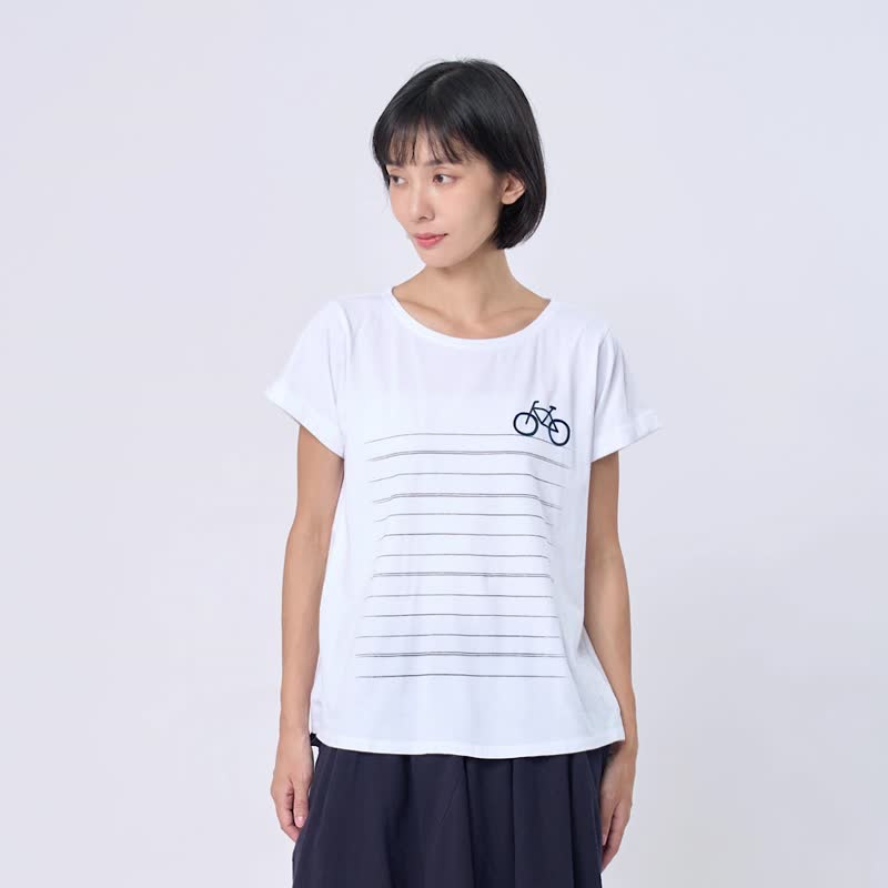 腳踏車寬版反褶方袖女T/白 【新拍版】 - 女 T 恤 - 棉．麻 白色