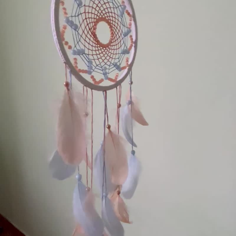 Pastel Dreamcatcher With Blue And Peach Feathers Real Dream Catcher Handmade - ตกแต่งผนัง - งานปัก สีน้ำเงิน