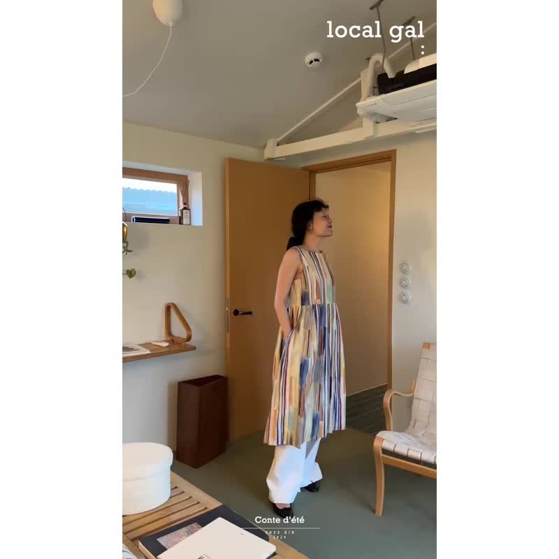 Local gal 日本進口面料彩色條紋棉麻復古手工壓褶無袖背心連身裙 - 洋裝/連身裙 - 棉．麻 多色
