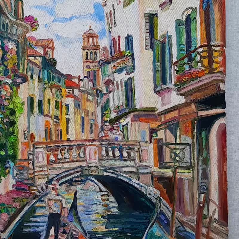 Venice  Art Gondoliers Painting  Original Art  Oil Painting  Oil On Canvas - ตกแต่งผนัง - วัสดุอื่นๆ สีน้ำเงิน