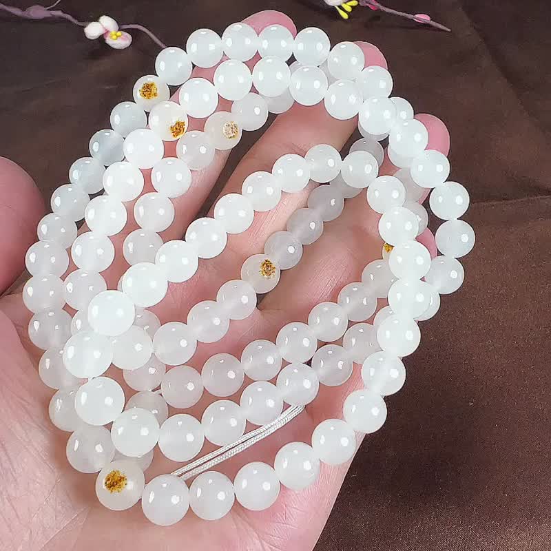極品天然羊脂玉籽料108顆佛珠手鏈項鏈 珠經8MM 玉質細膩油潤 - 手鍊/手環 - 玉石 